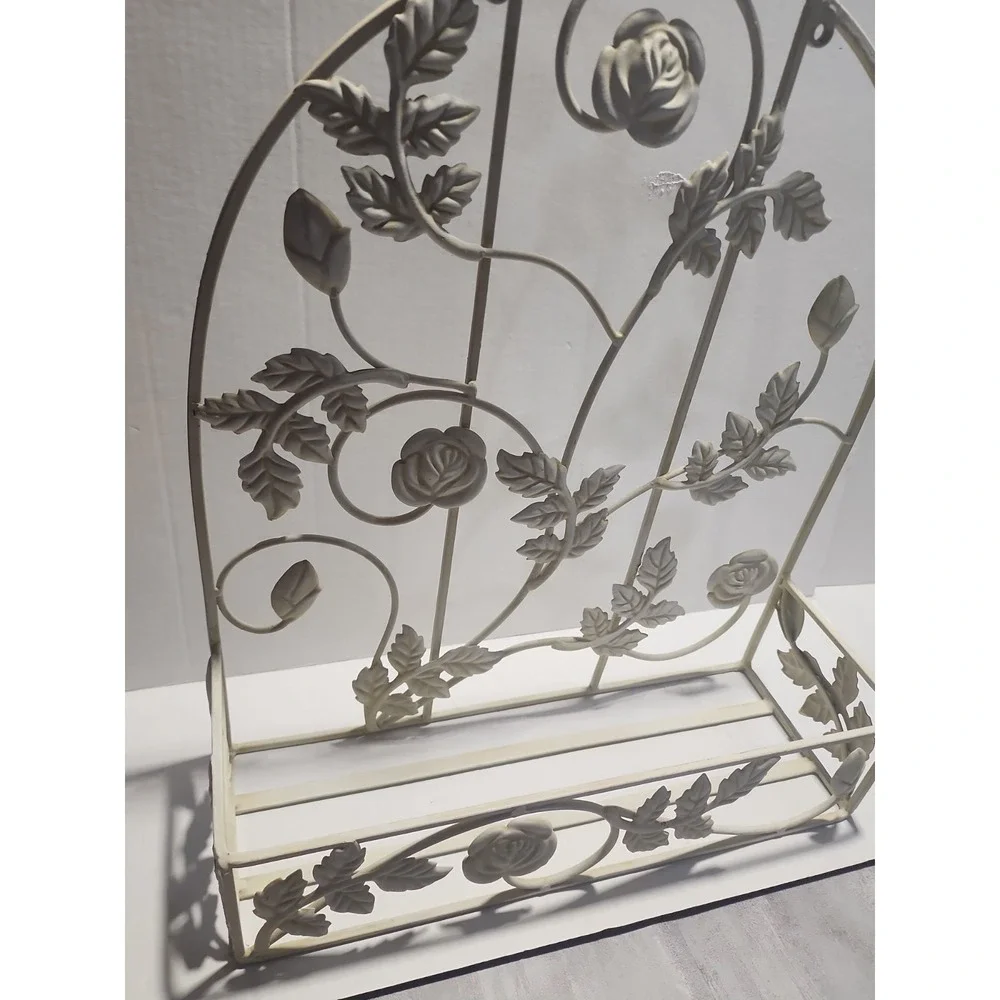 Vtg Metal Wrought Iron Wall Hanging Shelf Floral Decor Beige Distressed 19 in.